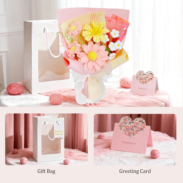 Pink Daisy bouquet with clear-window gift bag and heart greeting card