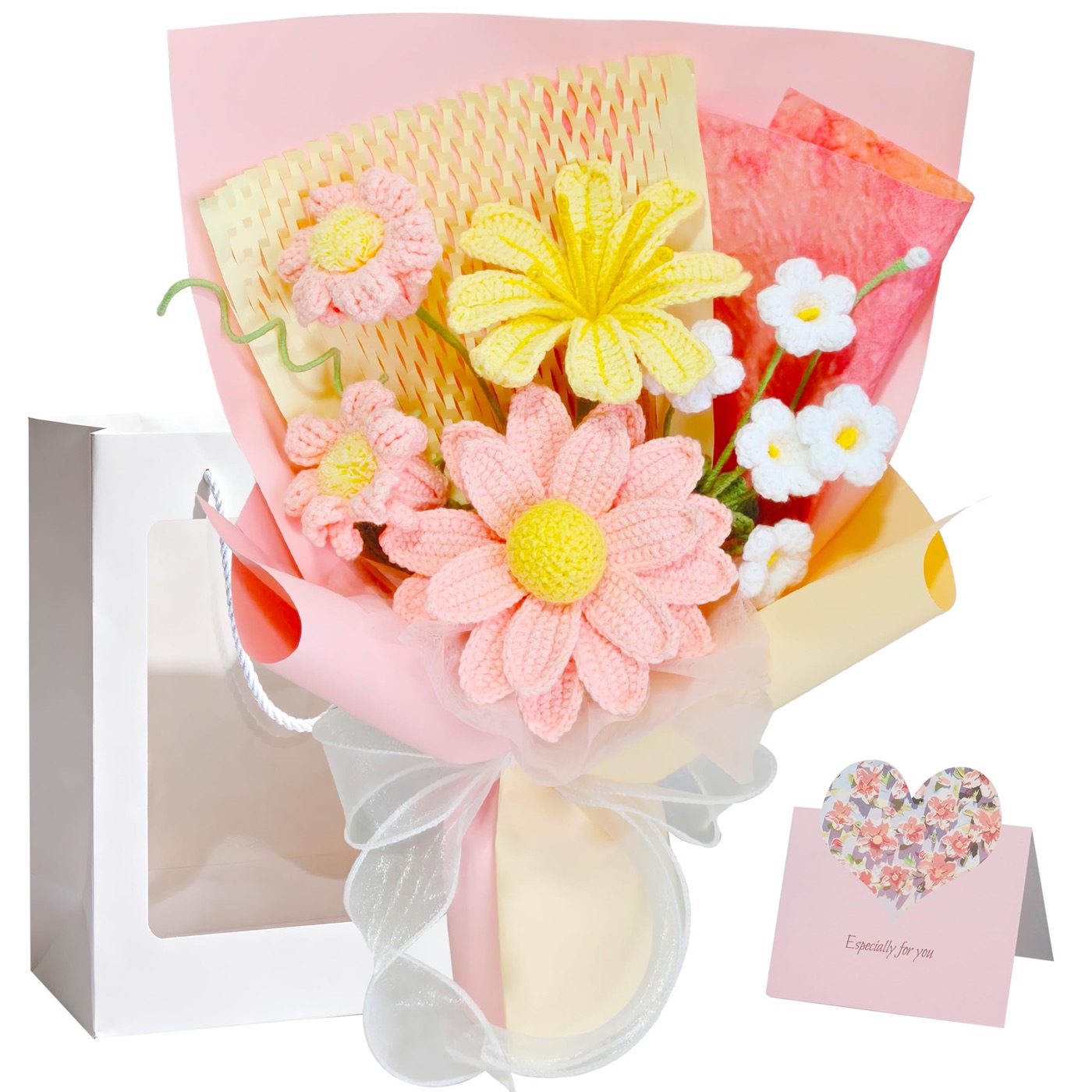 Oipuloh Pink Daisy crochet flower bouquet with a gift bag and greeting card
