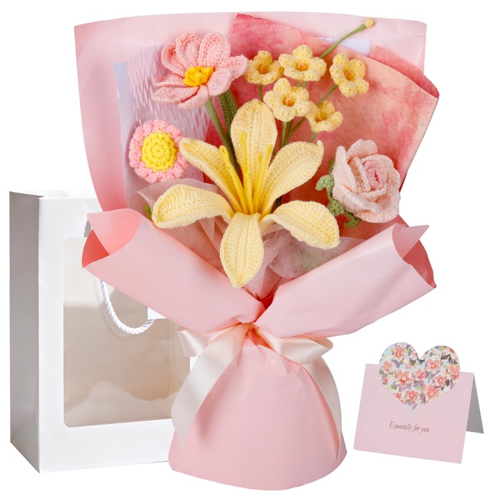 Oipuloh Yellow Lily and Pink crochet flower bouquet with gift bag and card