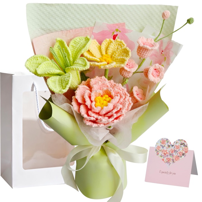 Oipuloh Pink Peony crochet flower bouquet with sage green wrapping