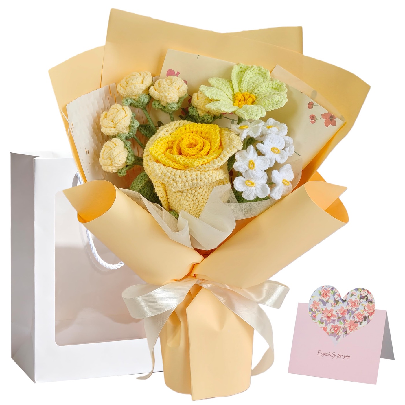 Oipuloh Yellow Rose crochet flower bouquet with cream buds