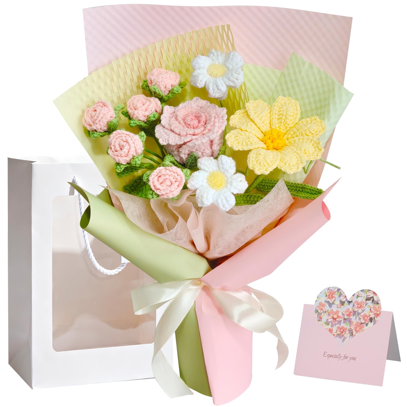 Oipuloh Pink Roselle crochet flower bouquet with soft yellow accents