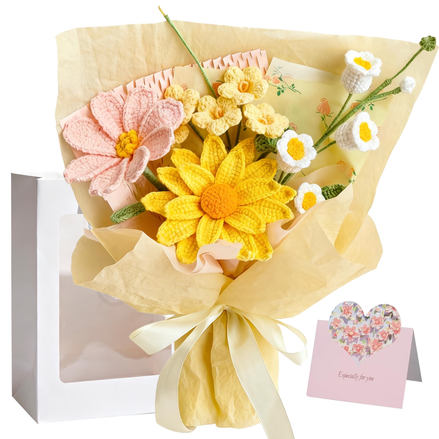 Oipuloh Sun Daisy crochet flower bouquet with white bellflowers