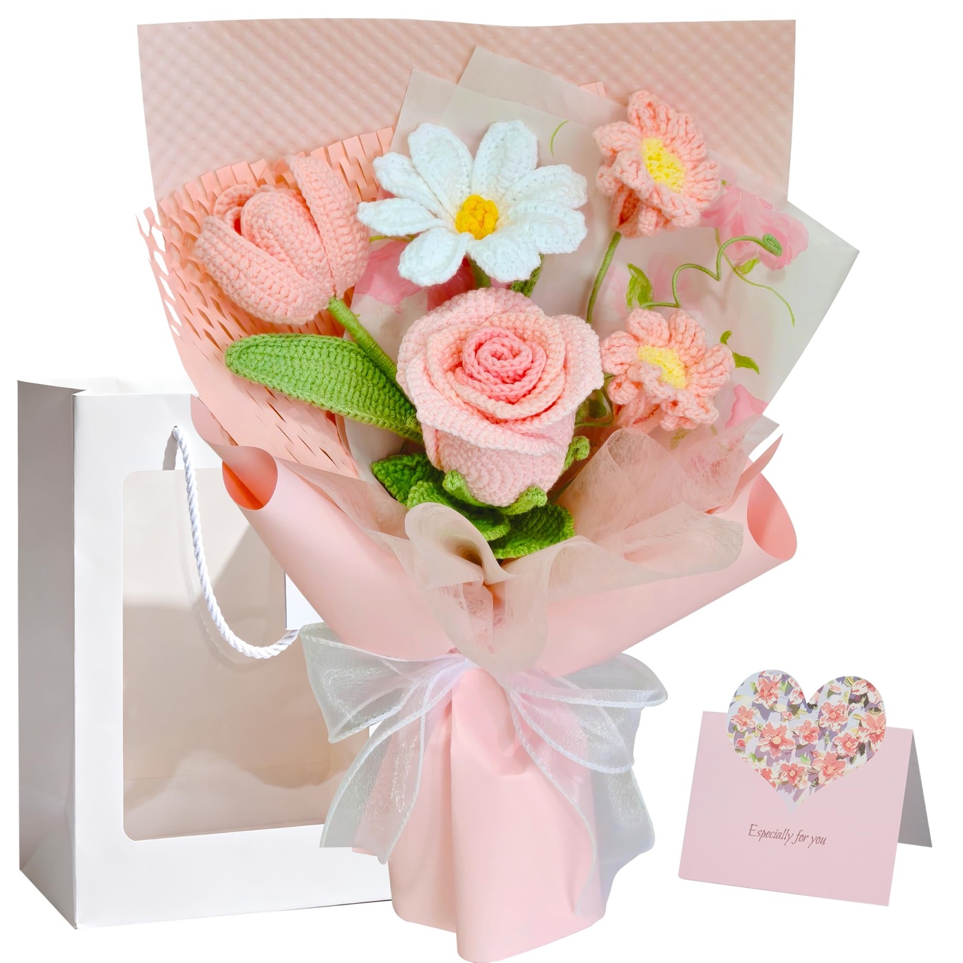 Oipuloh Pink Rose and Tulip crochet flower bouquet